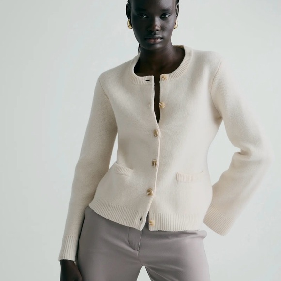 Quince Sweaters - Quince Cashmere Structured Cardigan  Sweater in Ivory Size Large 014